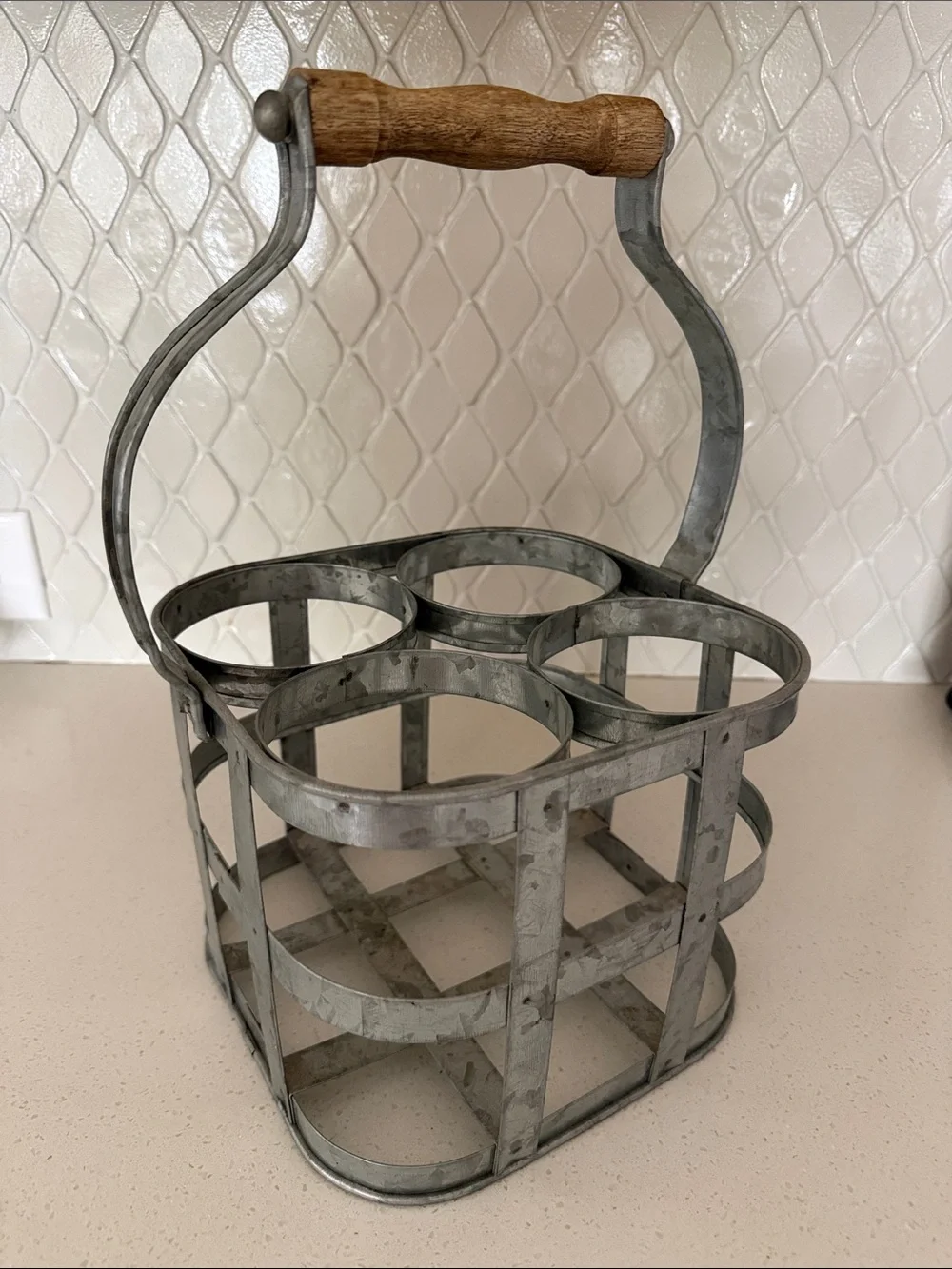 Galvanized Metal 6-Bottle Carrier with Wood Handle
